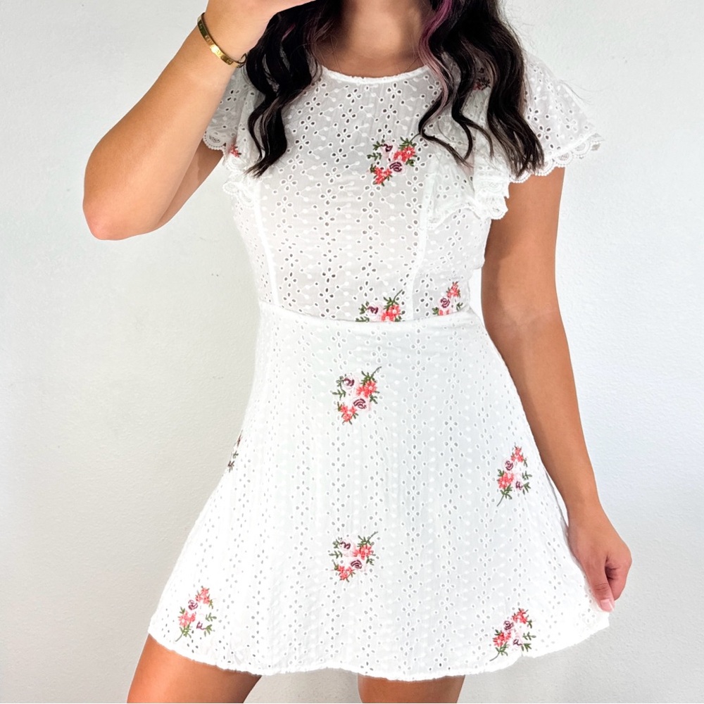 White eyelet floral embroidered dress